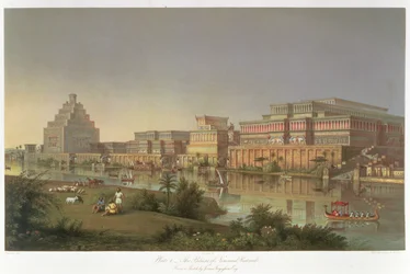 I palazzi di Nimrud restaurati, una ricostruzione dei palazzi costruiti da Assurbanipal sulle rive del Tigri, da Scoperte nelle rovine di Ninive e Babilonia di Austen Henry Layard (1817-94)